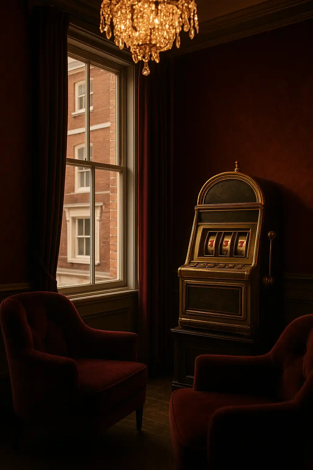Elegant Chelsea townhouse casino lounge with a gilded slot machine and chandelier light
