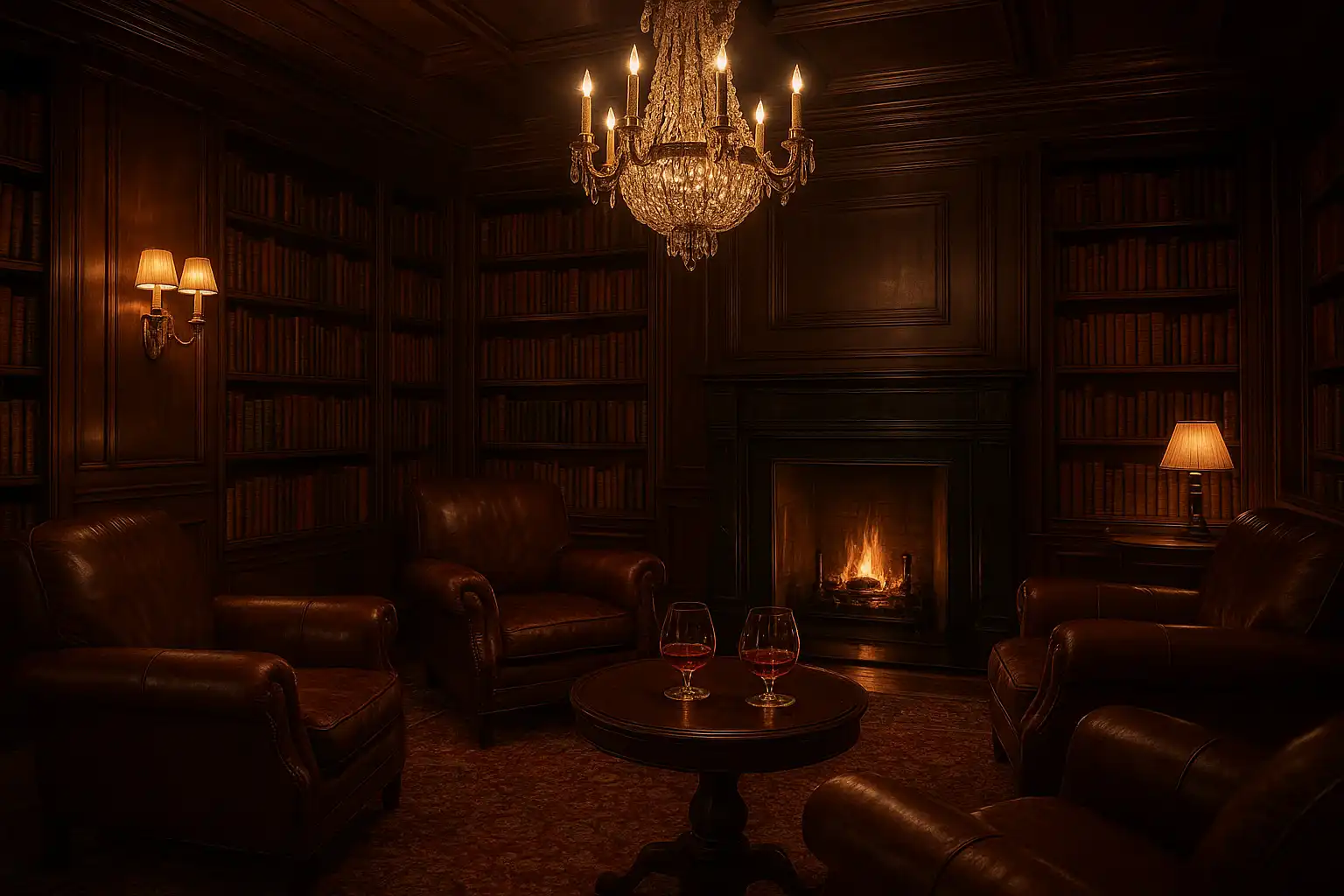 Cosy library styled review lounge inside a Chelsea townhouse casino with leather chairs and chandelier light