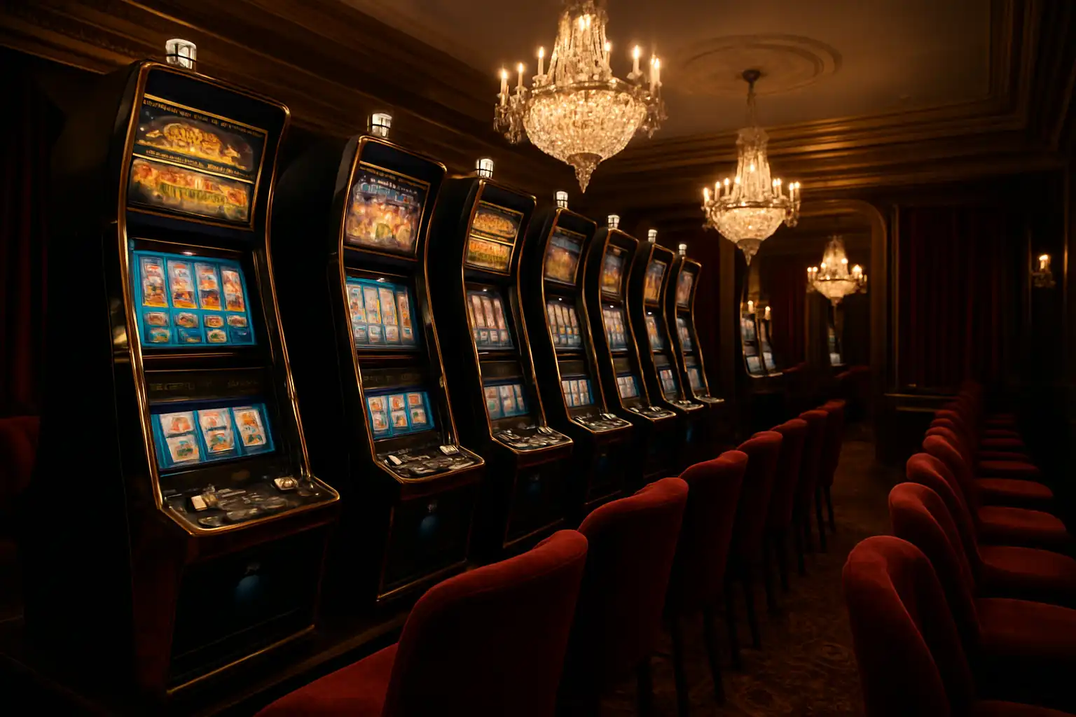 Rows of elegant slot machines inside a velvet furnished Chelsea townhouse casino floor