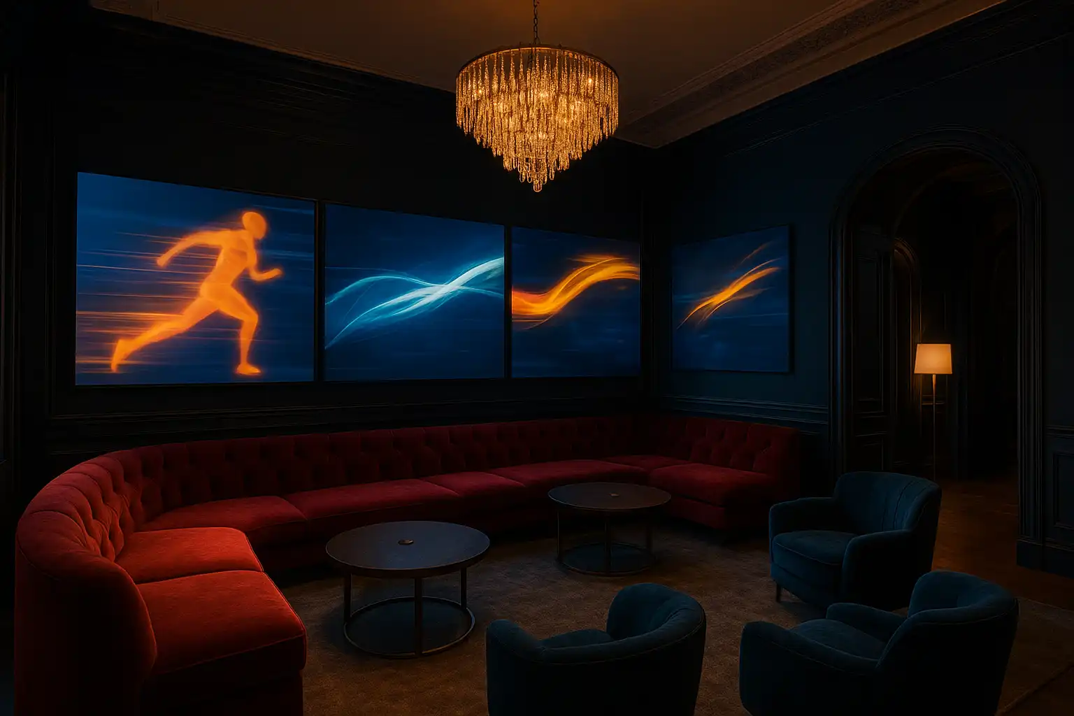 Elegant sports lounge inside a Chelsea townhouse casino with screens showing sport motion graphics