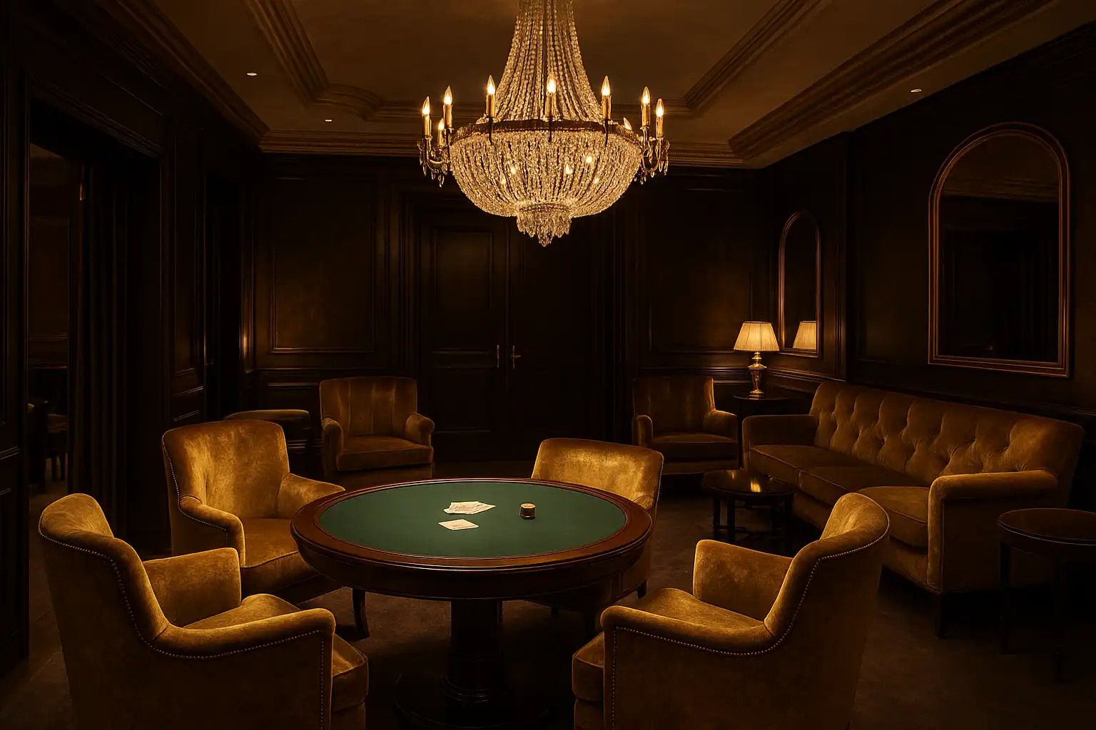 Exclusive VIP members lounge inside a Chelsea townhouse casino with gold accented velvet armchairs